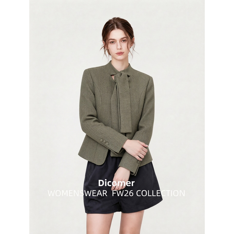Dicomer Official Website Old Money Style Design Lace-Up Tweed Blazer for Women, Autumn High-End Slimming Jacket