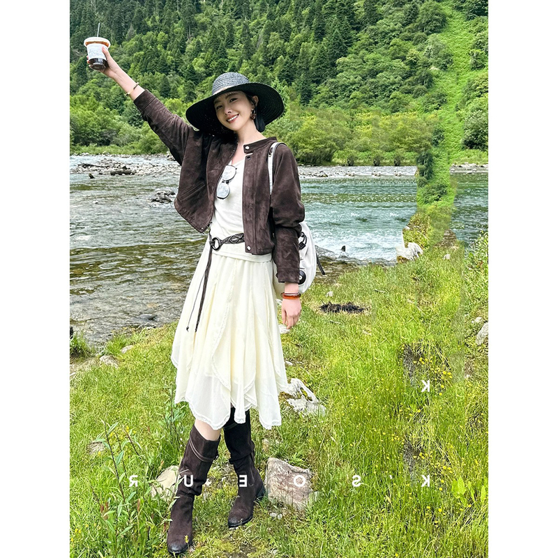 2026 Spring New High-End First Layer Sheep Suede Versatile Batwing Sleeve Neat Jacket Genuine Leather Coat for Women 2026 Spring New High-End First Layer Sheep Suede Versatile Batwing Sleeve Neat Jacket Genuine Leather Coat for Women