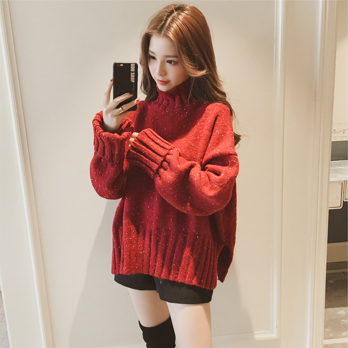 Tide Card Red High Collar Sweater Female Coat 2021 Autumn Winter New Warm Korean version 100 hitch bottom needling jersey