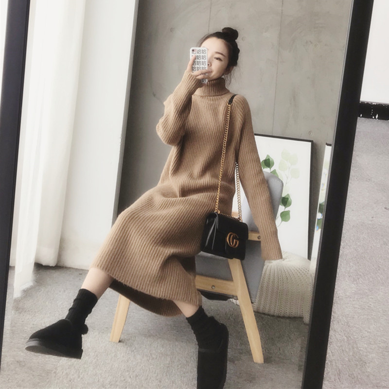 European station mid-length wool knitted dress 2021 autumn and winter new women's high-neck bottoming sweater bottoming skirt