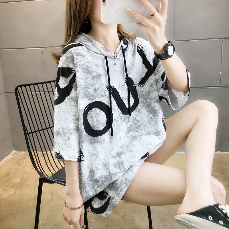 Europe station Korean version loose with slim short sleeve T-shirt woman 2022 summer new large size dress cover with cap blouses woman