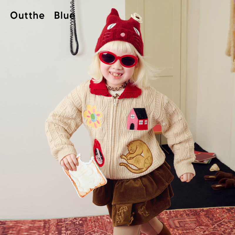 Outthebluekids Cat Farm Wool Blend Girls' Lapel Cat Patch Embroidered Sweater Cardigan Jacket