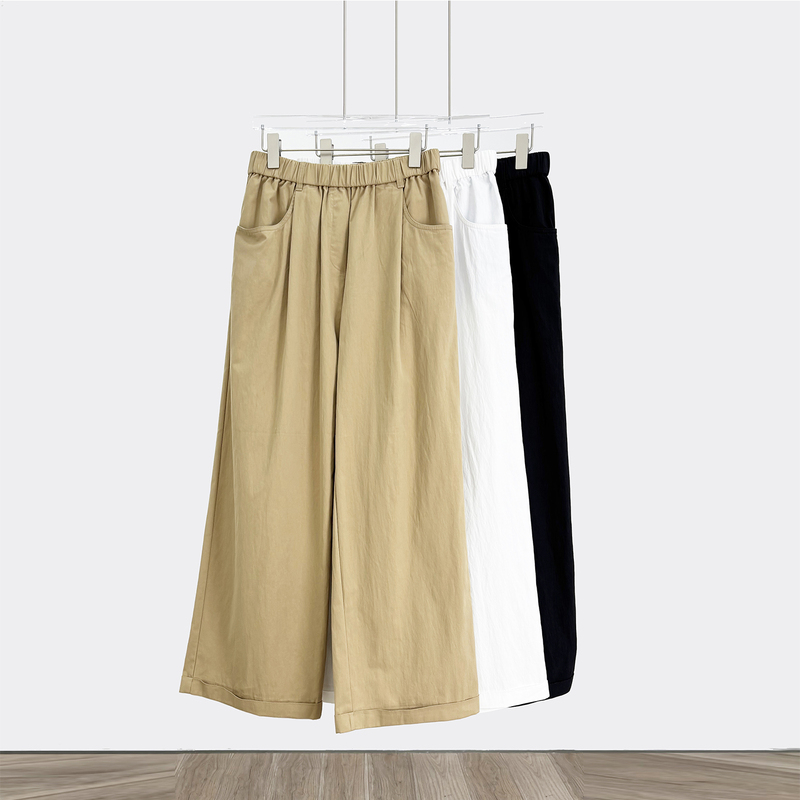 Clearance~65% Cotton 35% Nylon Elastic Waistband Mid-High Waist Imported Fabric Straight Wide-Leg Pants K26020303