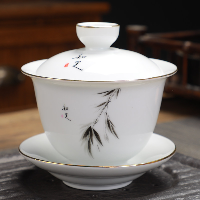Dehua white porcelain cover bowl mutton fat white jade porcelain thin tire three-talented bowl kung fu tea set ceramic large tea bowl cup hand grab pot
