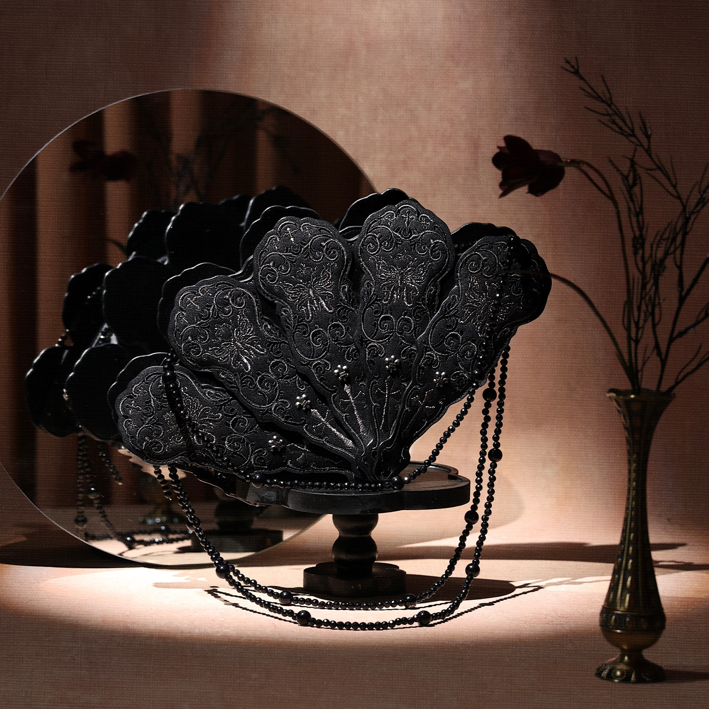 Ruby Wax Original Meditation Iris Dark Gothic Fan Bag with Lolita Embroidery Handbag/Crossbody Bag