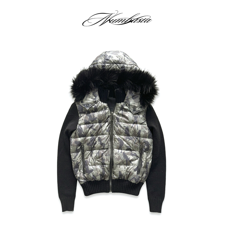 Numbasia_Girls' Camouflage Fur Collar Hooded Knitted Patchwork down Jacket