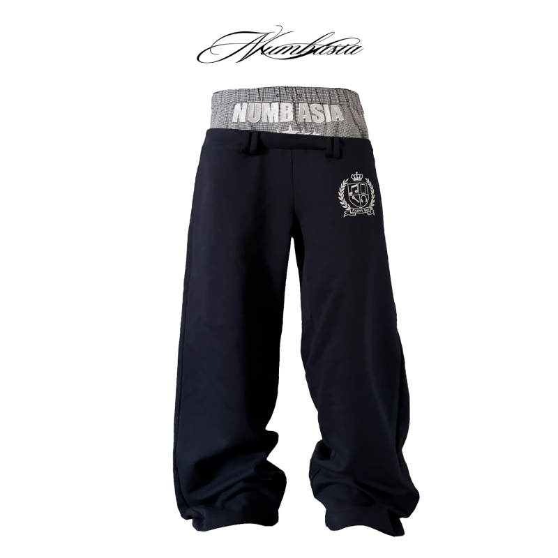 Numbasia_Houndstooth Logo Star Embroidery Double Waistband Diagonal Waistband Navy Blue Light Street Style Loose Sweatpants