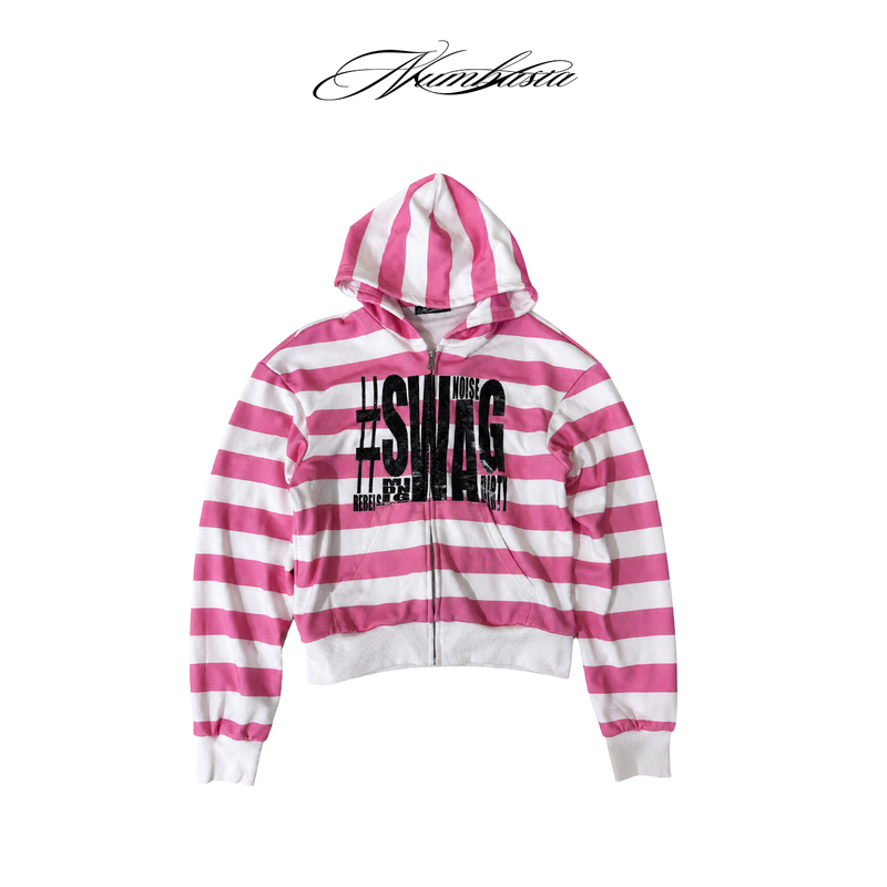 Numbasia_"Swag"_Glitter Print Pink and White Striped Loose Drop-Shoulder Light Street Style Hooded Zip-Up Sweatshirt Numbasia_"Swag"_Glitter Print Pink and White Striped Loose Drop-Shoulder Light Street Style Hooded Zip-Up Sweatshirt