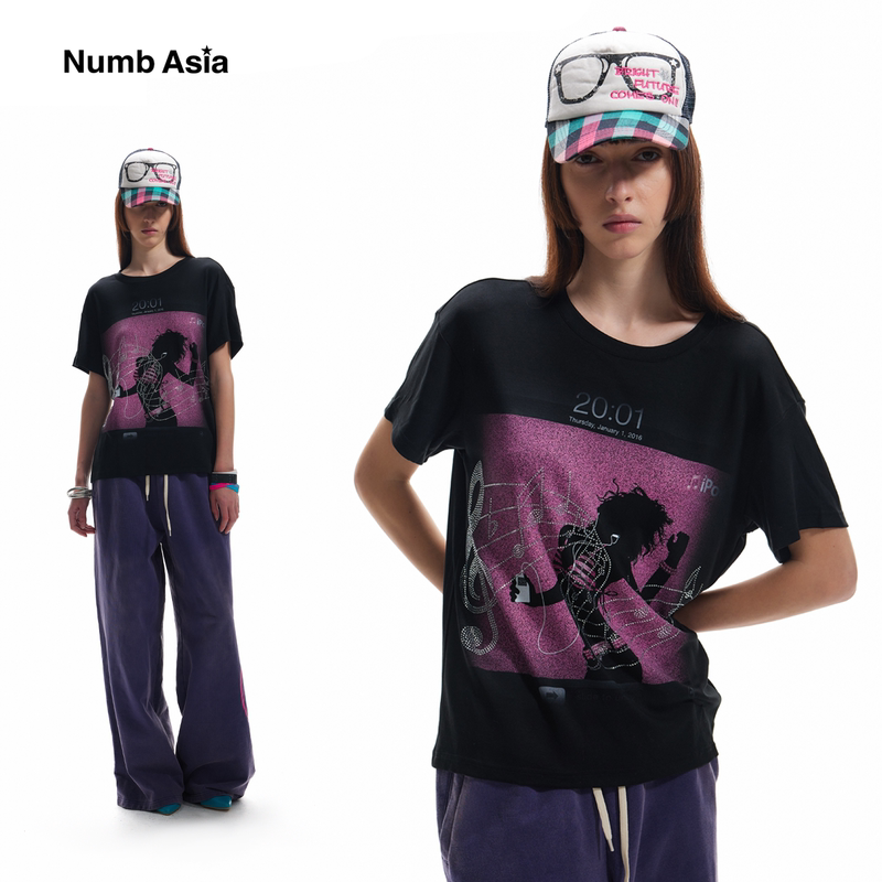 Numbasia_ “Apple” Lock Screen Print Musical Note Rhinestone Light Asian Street Style Short-Sleeve T-Shirt