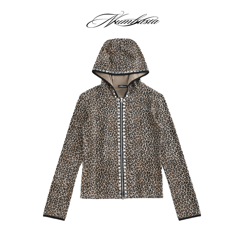 Numbasia Leopard Print Swag Rhinestone Hooded Zipper Light Street Style Long Sleeve Cardigan Sweatshirt