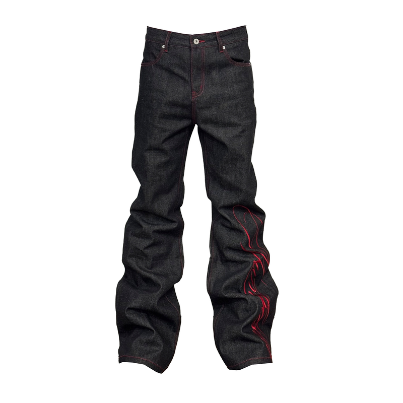 Numbasia_Asia Floral High-Density Embroidery Black and Red Raw Denim Straight Fit Slightly Flared 13-Ounce Jeans