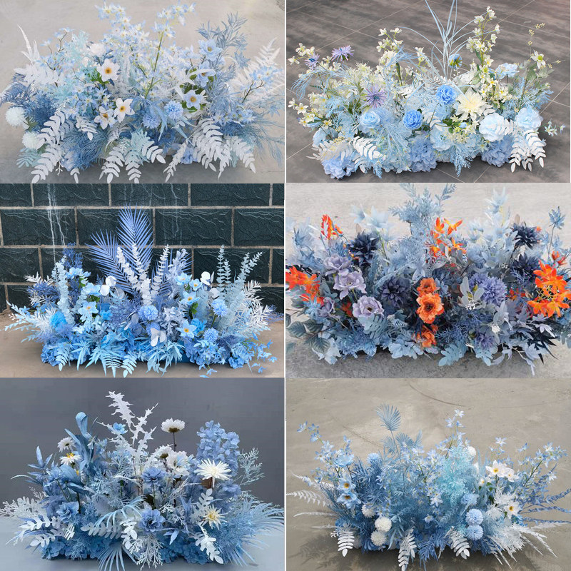 Wedding catwalk flower row blue theme flower row road flower guide flower wedding decoration props welcome stage floral art