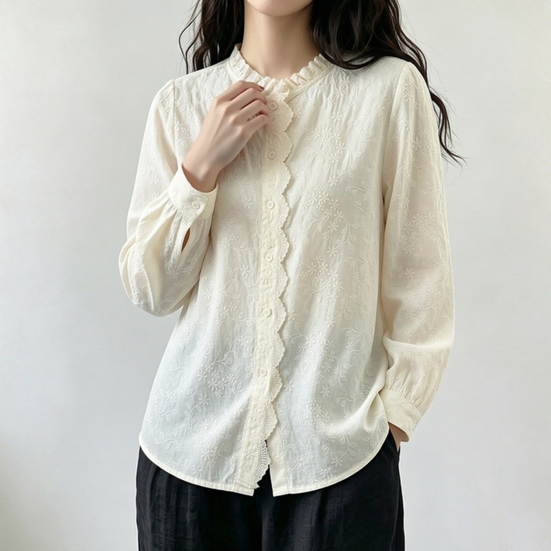 Korean Style All-Cotton Lace Collar Embroidered Crochet Long-Sleeve Shirt for Women, New Spring and Autumn Top, Elegant and Age-Reducing Shirt