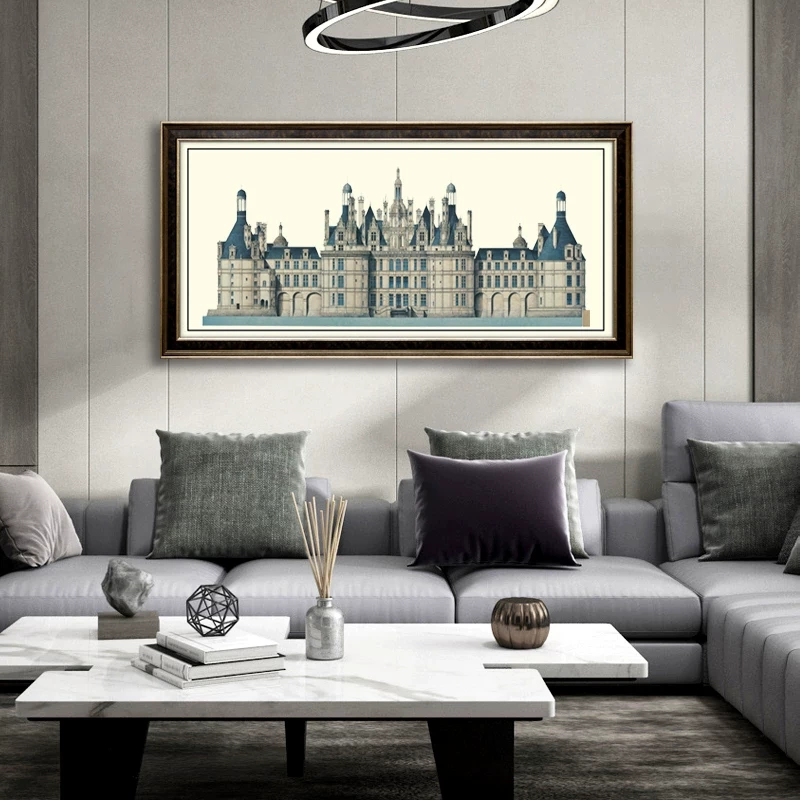 American-Style Living Room Decorative Painting, Sofa Background Wall, European-Style Light Luxury Architectural Horizontal Hanging Painting, Study Room Vintage Castle Wall Art