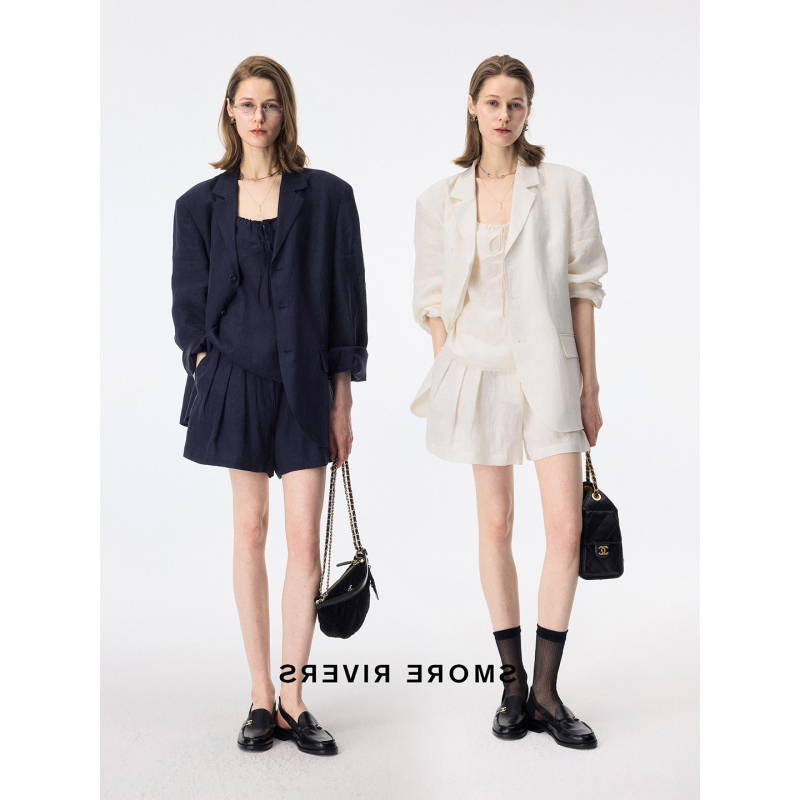 Minimalist Style Linen Blazer/Strap Top/Shorts Set for Women, Loose Fit, Versatile, Long-Sleeve, Turn-Down Collar, Suitable for Work
