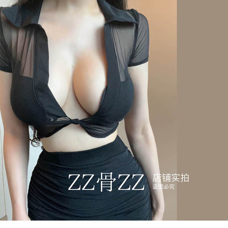 Abstinence-Style Spicy Girl Mesh See-Through Twist-Tie Shirt with Sexy Deep V-Neck Ultra-Short Outerwear Top for Women Abstinence-Style Spicy Girl Mesh See-Through Twist-Tie Shirt with Sexy Deep V-Neck Ultra-Short Outerwear Top for Women