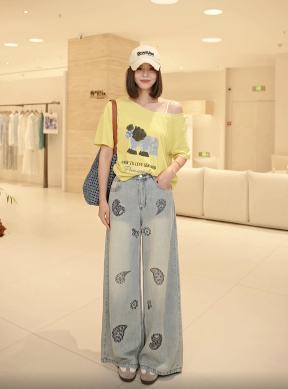 [Brand Original Design Women's Clothing] Vintage Paisley Washed Wide-Leg Jeans 7715