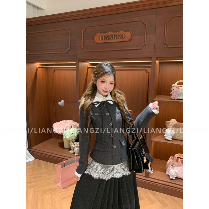 In Stock·Liangzi【Count Gray Series】Autumn Lapel Waist-Cinching Jacket/Pure Color High-Waisted Pleated Long Skirt Set