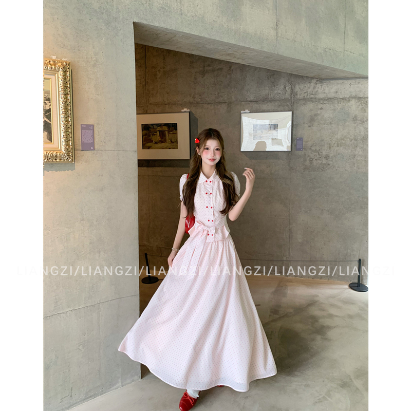 Liang Zi【Aristocratic Lady】Summer Double-Breasted Bow-Tie Shirt/Waist-Cinching Polka Dot A-Line Skirt