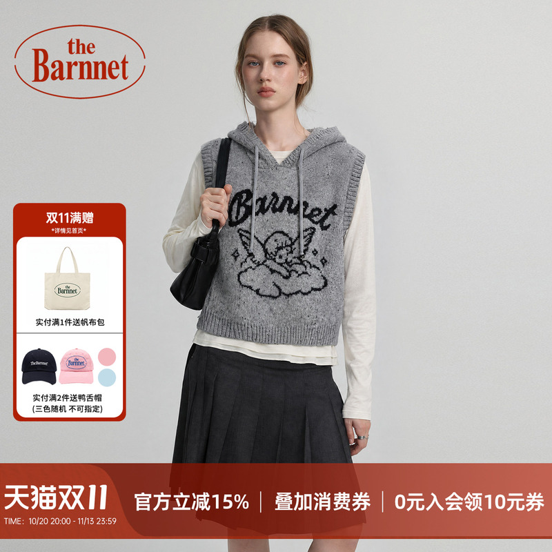 The Barnnet【Official Authentic】Angel Jacquard Hooded Knitted Vest Women's Autumn Short Sleeveless Sweater
