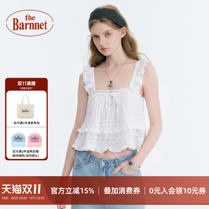 [Official Authentic Product] Thebarnnet Eight Milk Ruffled Lace-Up Short Camisole Women's Sleeveless Top