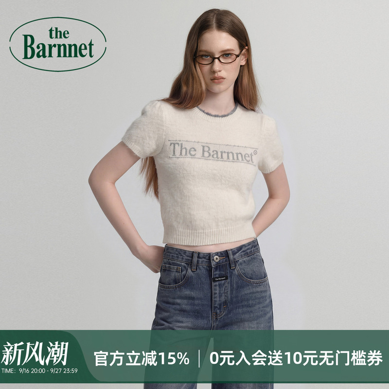 [Official Authentic] Thebarnnet Eight Milk Letter Jacquard Plush Short-Sleeve Knit Top Short Sweater for Women