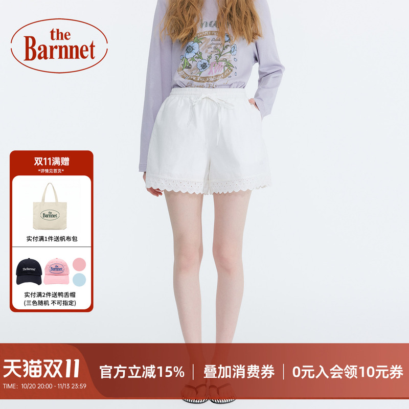 [Official Genuine Product] Thebarnnet Eight Milk Lace Embroidery Wide-Leg Shorts for Women, Summer Elastic Waist Five-Point Shorts