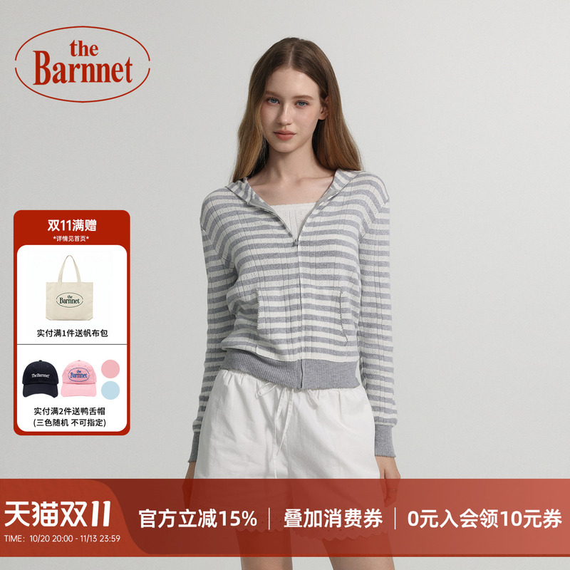 The Barnnet【Official Genuine】Striped Hooded Knitted Cardigan Women's Autumn Slim Short Sweater Jacket
