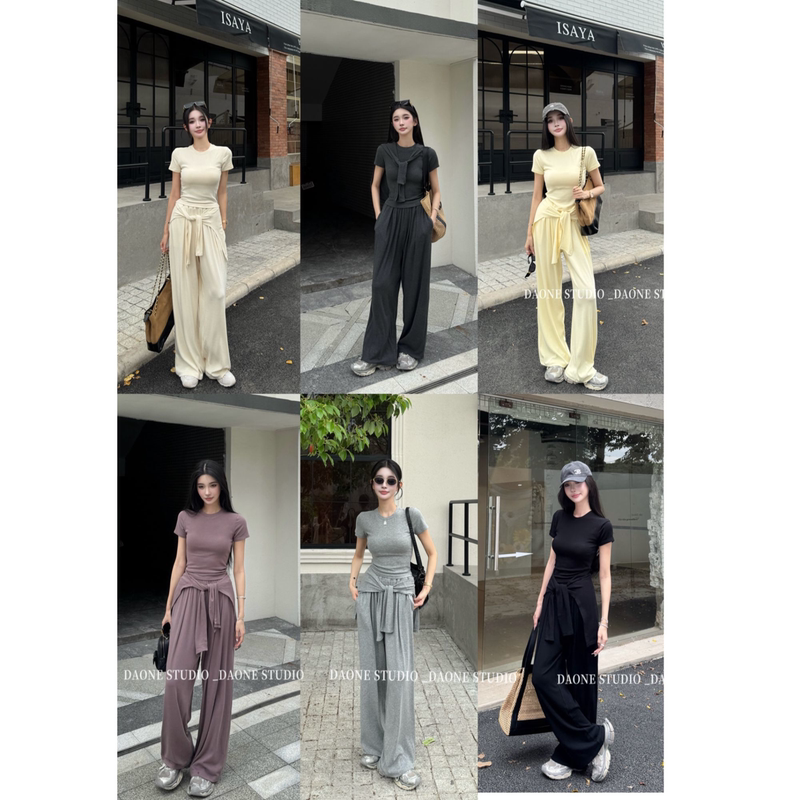 Zeng Xiaoda Daone Minimalist Relaxed Short-Sleeve Wide-Leg Pants Shawl Texture Commuter Lazy Three-Piece Set