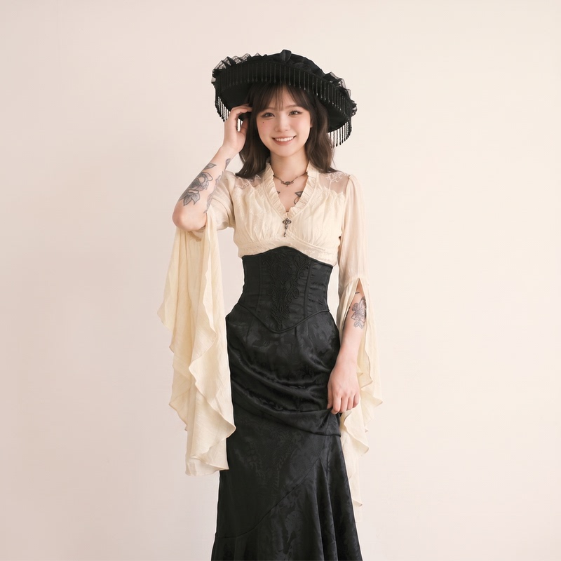 Halloween Dark Gothic Palace Style Lace Patchwork Dress Witch Cosplay Outfit French Dress Halloween Dark Gothic Palace Style Lace Patchwork Dress Witch Cosplay Outfit French Dress