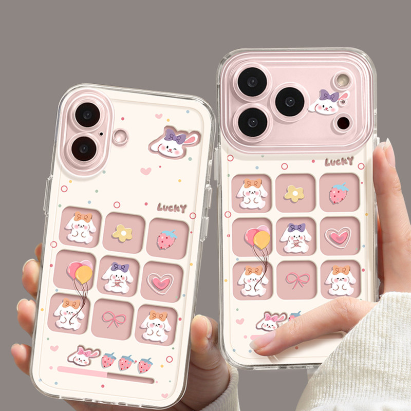 Suitable for Apple 17 Phone Case, New iPhone 17 Pro Pink 17E Hollow Transparent 16 Cute 13 Strawberry Bunny Pro Good-Looking High-End 14 Anti-Drop 15 Couple Popular Max Case
