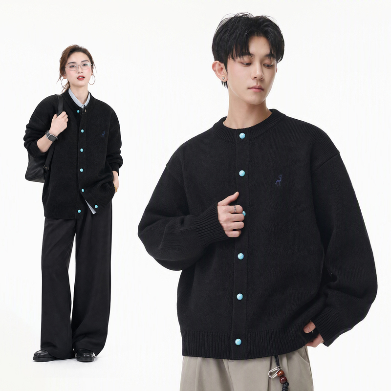 Men's Cardigan with Deer Embroidery, Unisex Knit Sweater, Men's Jacket for Spring, Autumn, and Winter Men's Cardigan with Deer Embroidery, Unisex Knit Sweater, Men's Jacket for Spring, Autumn, and Winter