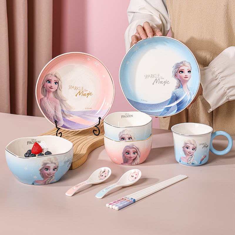 Disney Elsa Ceramic Tableware, Popular Online, High Aesthetic Appeal, Girly, Children's Eating Bowls, Noodle Bowls, Food-Grade Dinner Plates