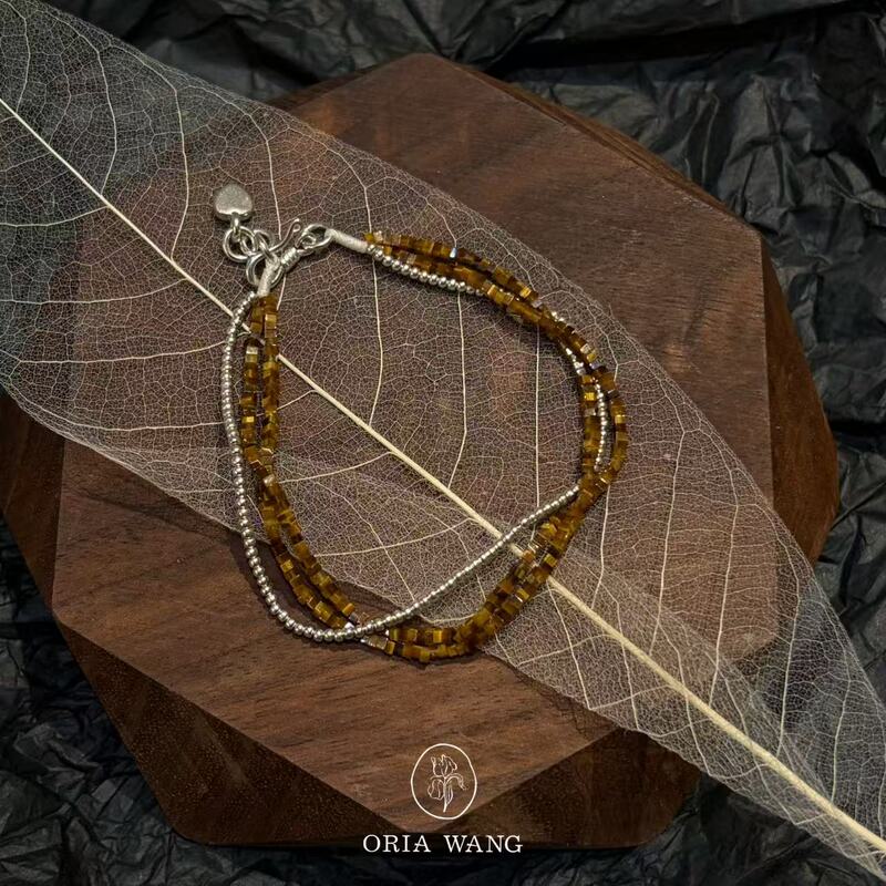 Oria Wang Amber Silver Cream Tiger's Eye Silver Bead Bracelet