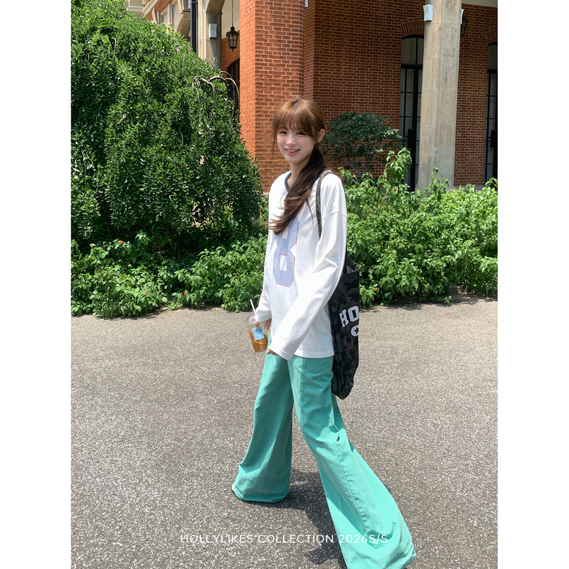 Hollylikes【Lotus Mist】Autumn Mint Green Loose Wide-Leg Flared Pants Women's Draped Straight-Leg Pants Versatile Long Pants