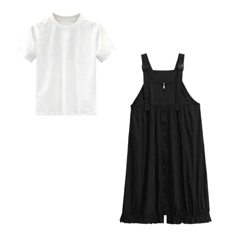 [Corn Exclusive] Hong Kong Style Solid Color Strap Dress Mid-Length Zipper Dress Set 402