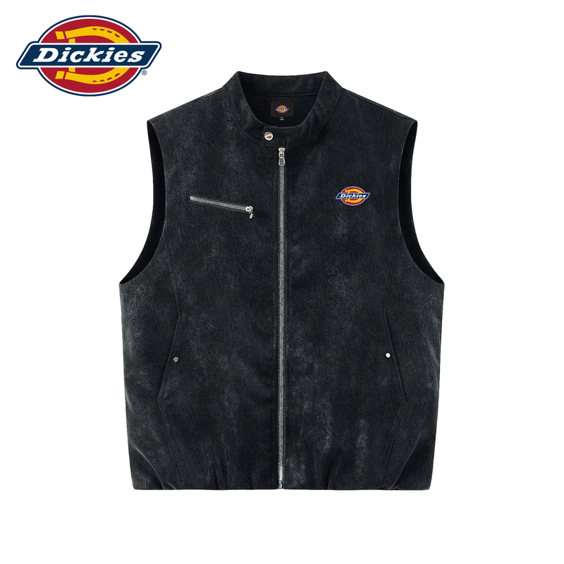 Dickies Vintage Washed Distressed Stand Collar Sleeveless Vest with Side Zipper Pockets and Logo Print Dickies Vintage Washed Distressed Stand Collar Sleeveless Vest with Side Zipper Pockets and Logo Print