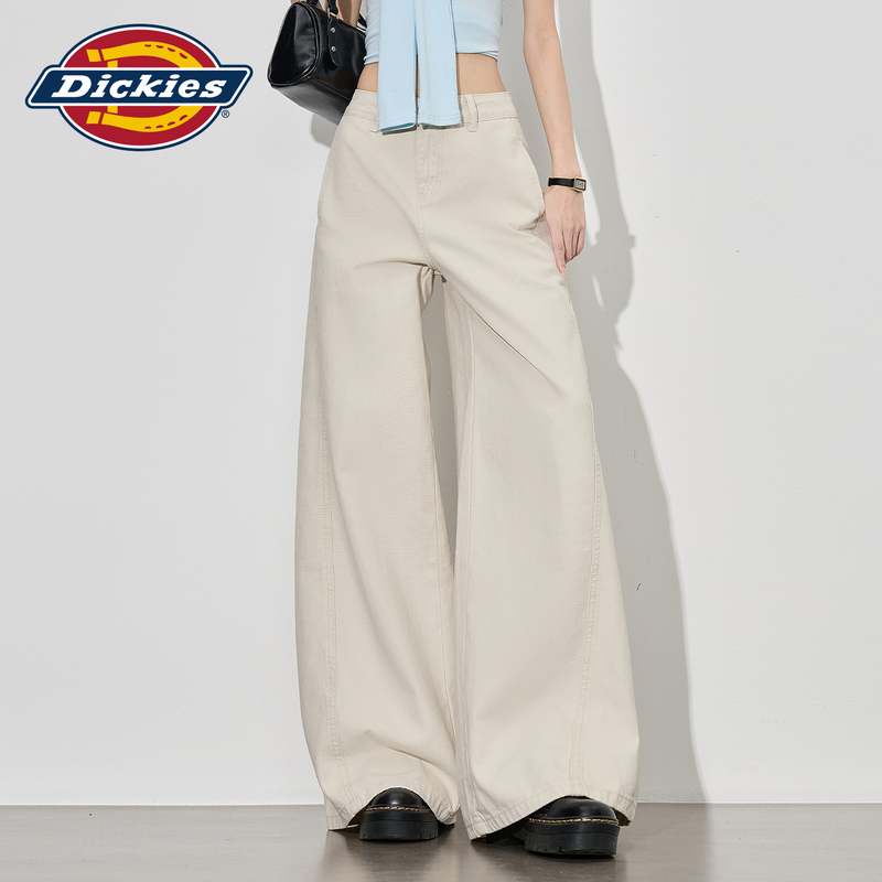 Dickies Minimalist Style Wide-Leg Jeans for Women, Summer Casual Patchwork Design, High-Waisted Straight-Leg Pants