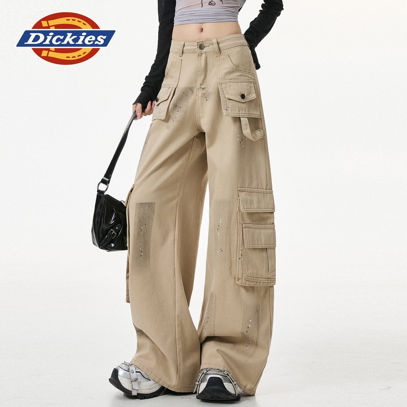 Dickies Khaki American-Style Splatter Denim Pants for Women 2026 Autumn New Multi-Pocket Cargo Pants