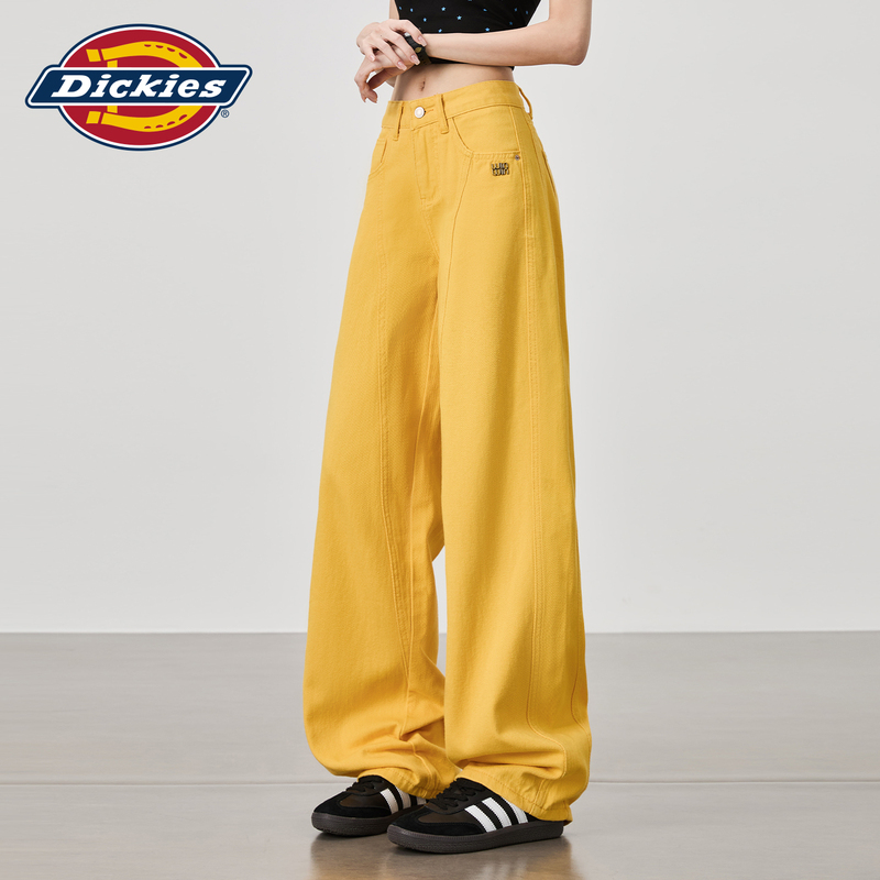 Dickies Dopamine Yellow Wide-Leg Jeans for Women with Patchwork Design, Vintage Straight-Leg Floor-Length Pants Dickies Dopamine Yellow Wide-Leg Jeans for Women with Patchwork Design, Vintage Straight-Leg Floor-Length Pants