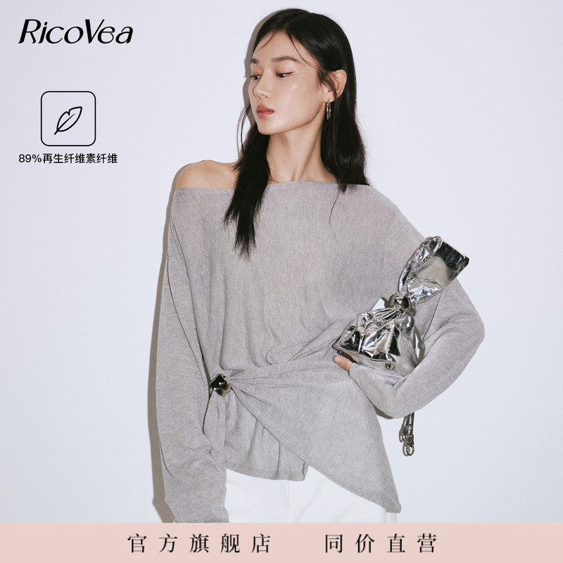 Ricovea【Off-Shoulder Knitwear】Thin Diagonal-Collar Knitwear with 2026 Design Sense for Women in Autum Bc801190