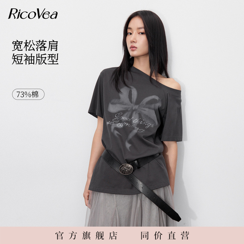 Ricovea【Asymmetrical Shoulder Print T-Shirt】Bowknot Cotton Loose 2026 T-Shirt Autumn Women's Bc613123 Ricovea【Asymmetrical Shoulder Print T-Shirt】Bowknot Cotton Loose 2026 T-Shirt Autumn Women's Bc613123