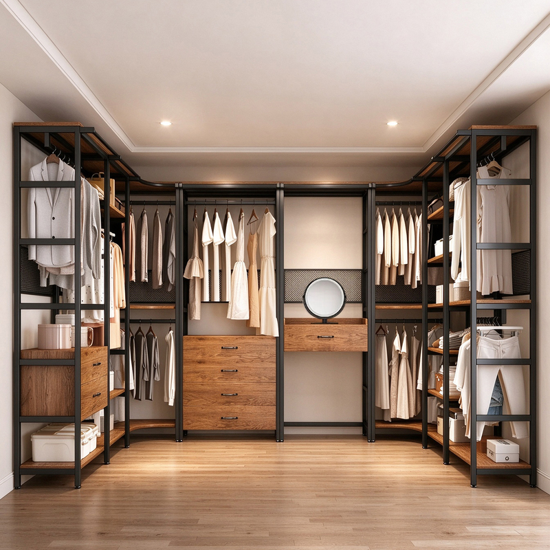 Open-Style Floor-Standing Clothes Rack Bedroom Set Metal Clothes Rack Home Use Golden Oak Wardrobe Trendy Walk-In Closet Rack