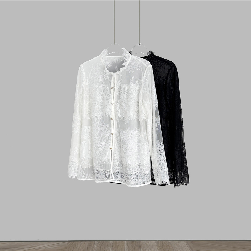 Factory New Model~Four Seasons Style~Outer Eyelash Lace Lining Georgette Silk Long-Sleeve Shirt Top S26081801 Factory New Model~Four Seasons Style~Outer Eyelash Lace Lining Georgette Silk Long-Sleeve Shirt Top S26081801