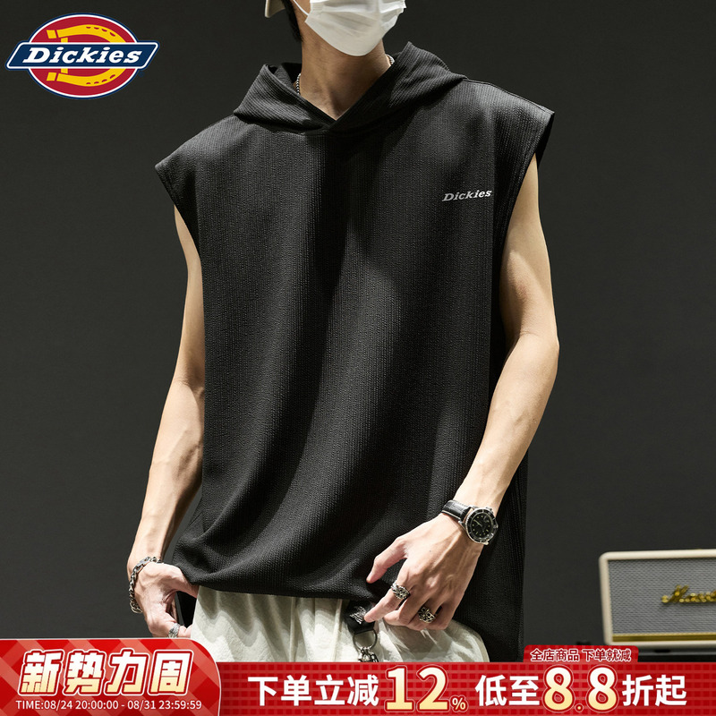 Dickies Waffle Knit Hooded Vest for Men, Summer Loose Sleeveless Tank Top, Youth Sports Breathable Top