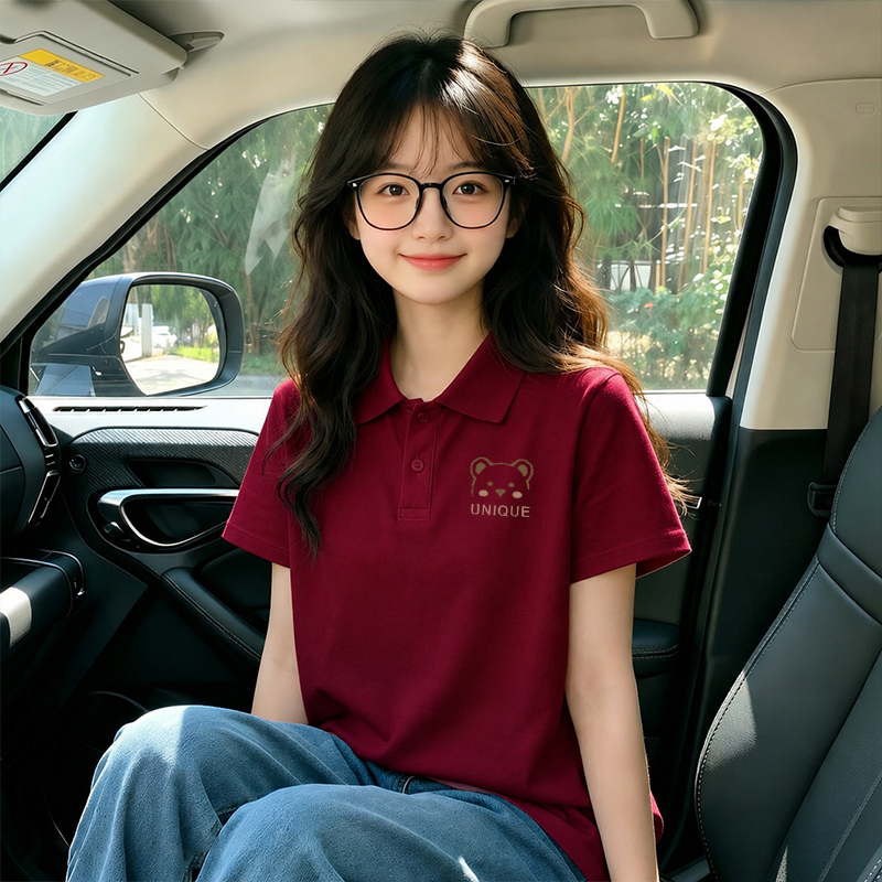 Girls' Loose-Fitting Versatile Pure Cotton Burgundy Polo Shirt, Stylish Turn-Down Collar T-Shirt Top for Summer
