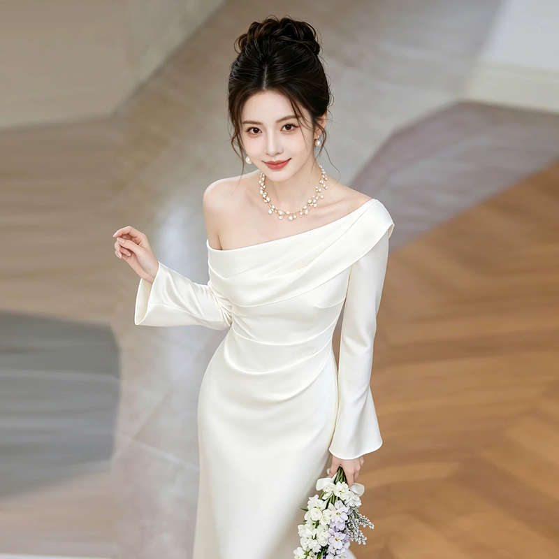White Long-Sleeve Engagement Evening Dress 2026 New Model with a High-End Feel, Small White Dress for Marriage Registration, Light Wedding Gown, Bridal Morning Robe