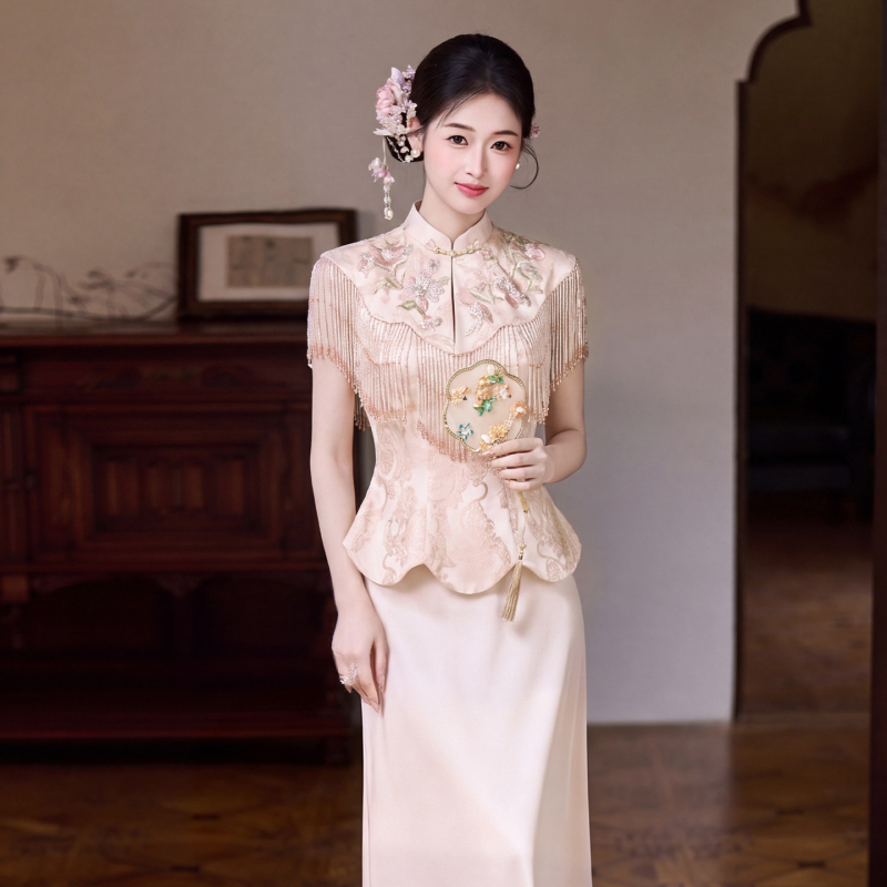 Wedding Dress for the Bride, Pink New Chinese-Style Modified Cheongsam Set, 2026 New Engagement Evening Dress, High-End Summer Style Wedding Dress for the Bride, Pink New Chinese-Style Modified Cheongsam Set, 2026 New Engagement Evening Dress, High-End Summer Style