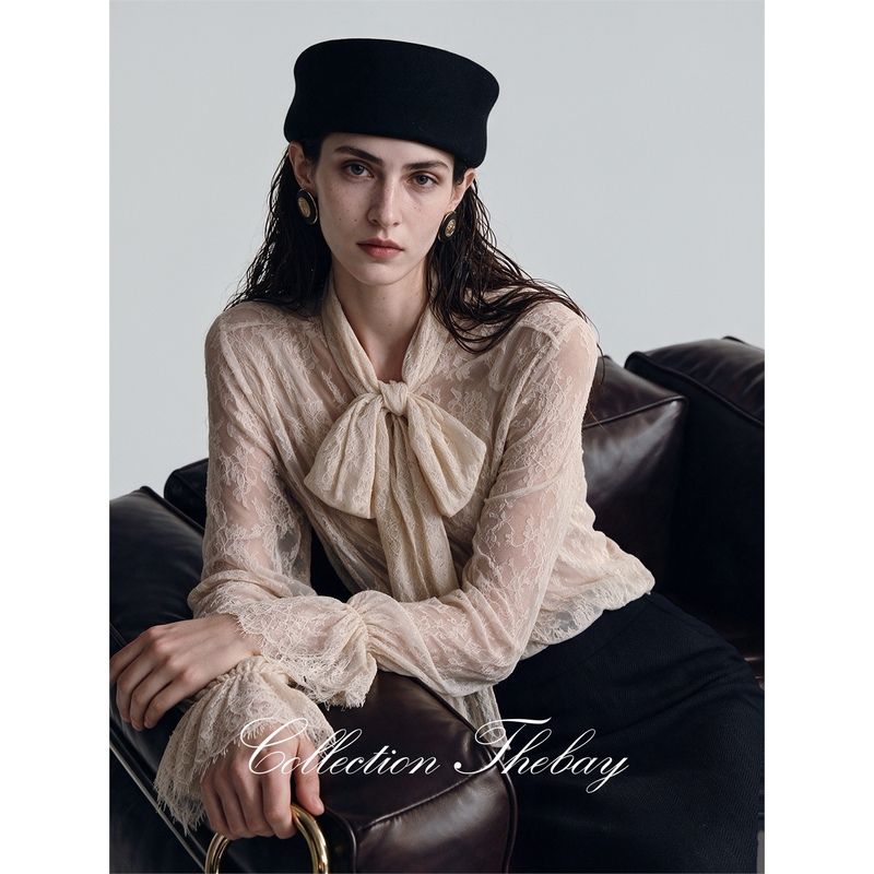 Thebay【Rum】French Retro Cut-Out Lace Ribbon See-Through Long-Sleeved Top with Bell Sleeves for Women Thebay【Rum】French Retro Cut-Out Lace Ribbon See-Through Long-Sleeved Top with Bell Sleeves for Women