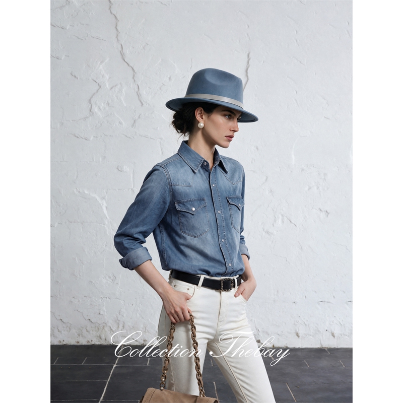 Thebay【Turkey】Imported 100% Cotton Hand-Rubbed Whiskered Vintage Denim Shirt for Layering with a Jacket for Women Thebay【Turkey】Imported 100% Cotton Hand-Rubbed Whiskered Vintage Denim Shirt for Layering with a Jacket for Women